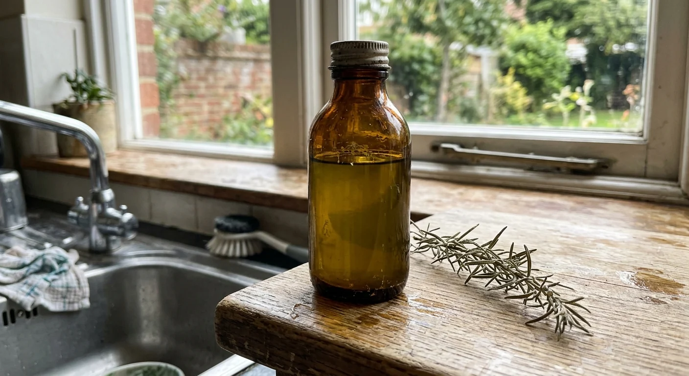 Alte braune Glasflasche ohne Etikett mit goldgrünem Öl auf einem Fensterbrett