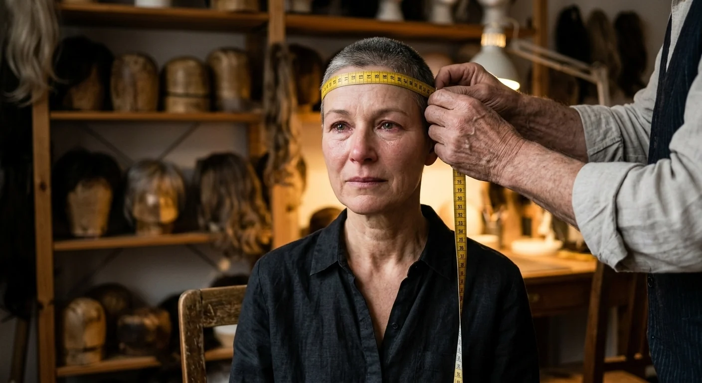 Karin im Atelier des Perückenmachers, beim Vermessen des Kopfes