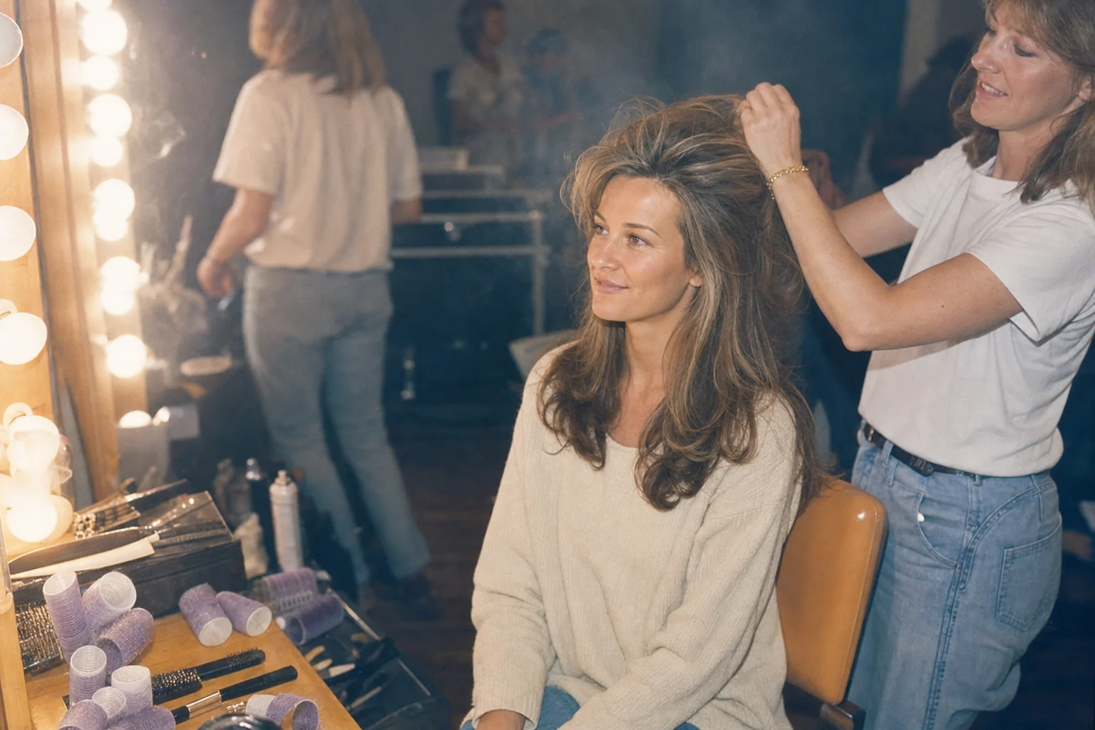 Karin backstage in der Maske, 90er Jahre, Stylistin toupiert das volle Haar