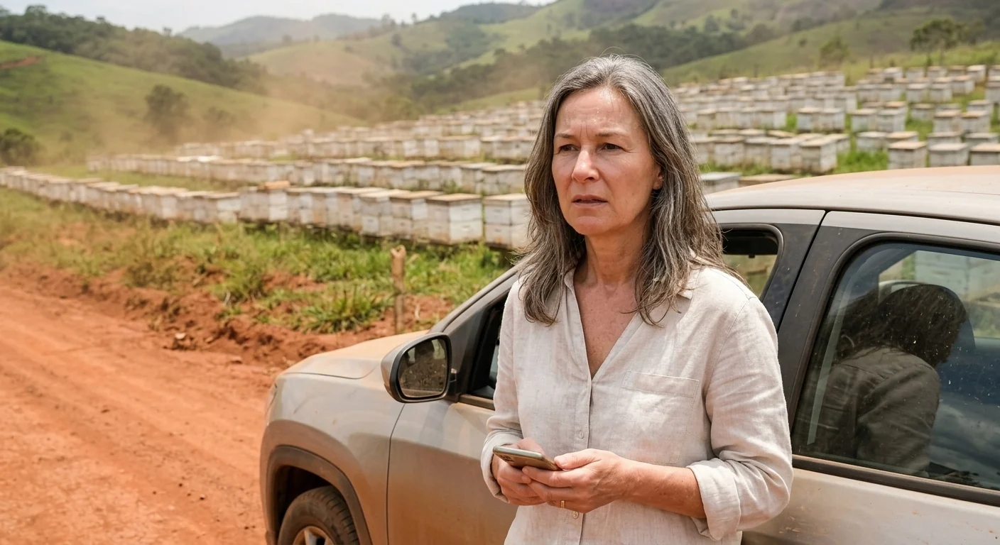 Karin neben dem Mietwagen, im Hintergrund hunderte Bienenkästen auf grünen Hügeln