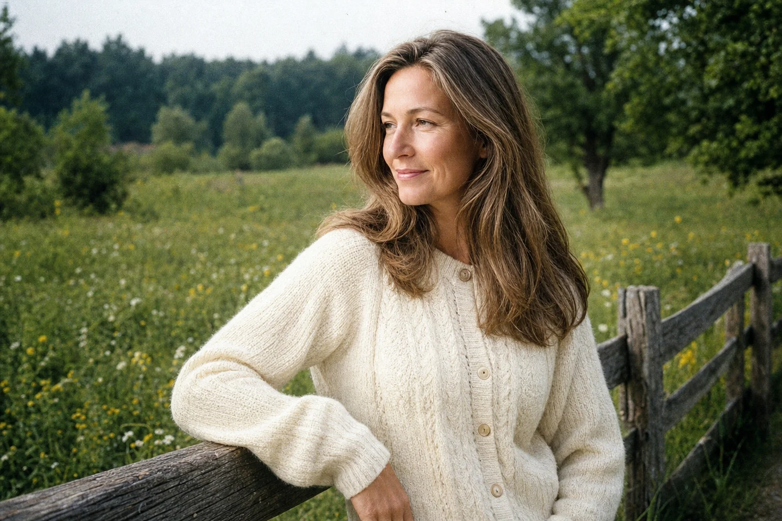 Karin in den 90ern als Katalog-Model, Strickjacke, an einen Zaun gelehnt