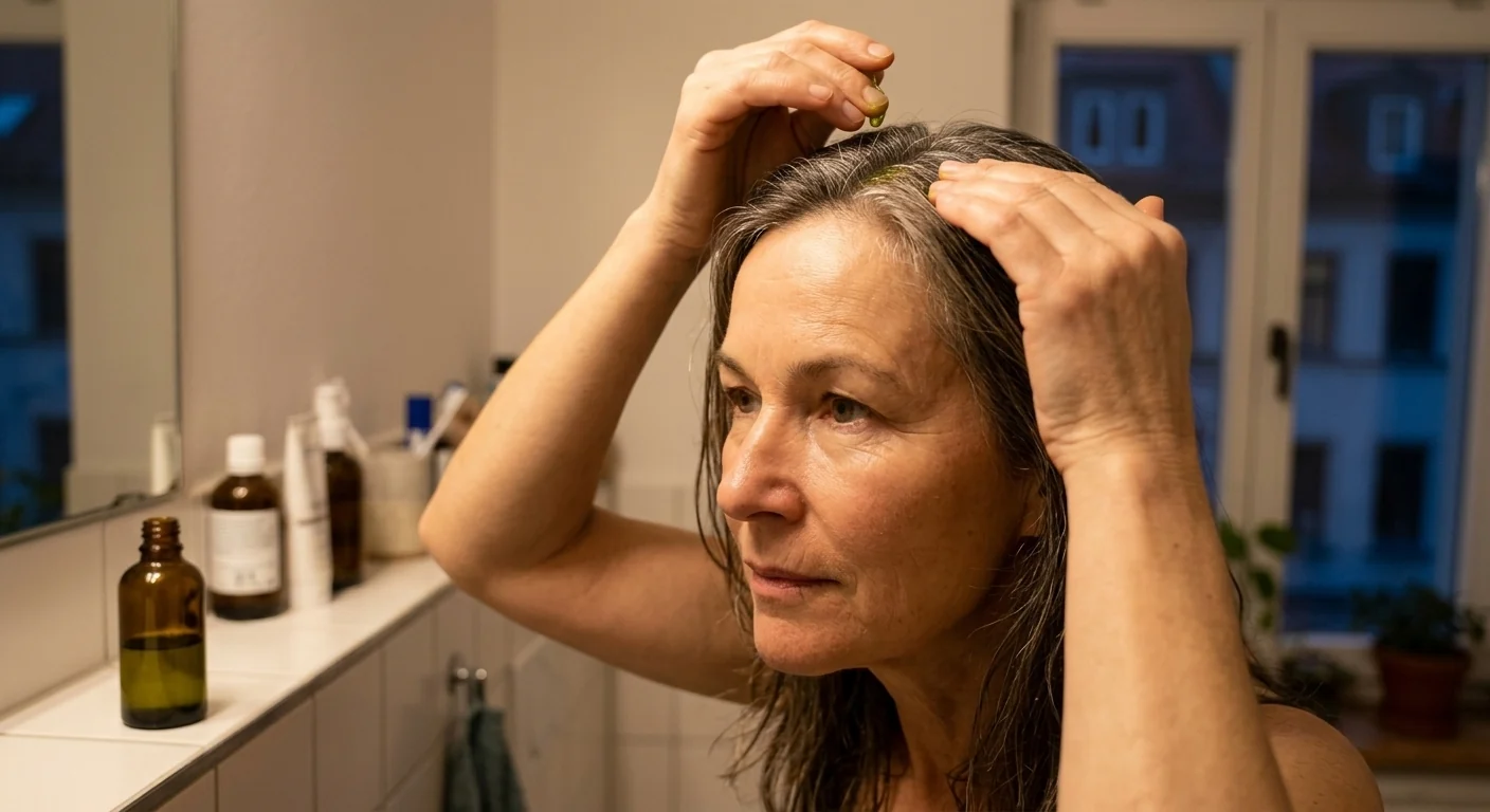 Karin massiert sich abends das Öl mit den Fingerspitzen in den Scheitel
