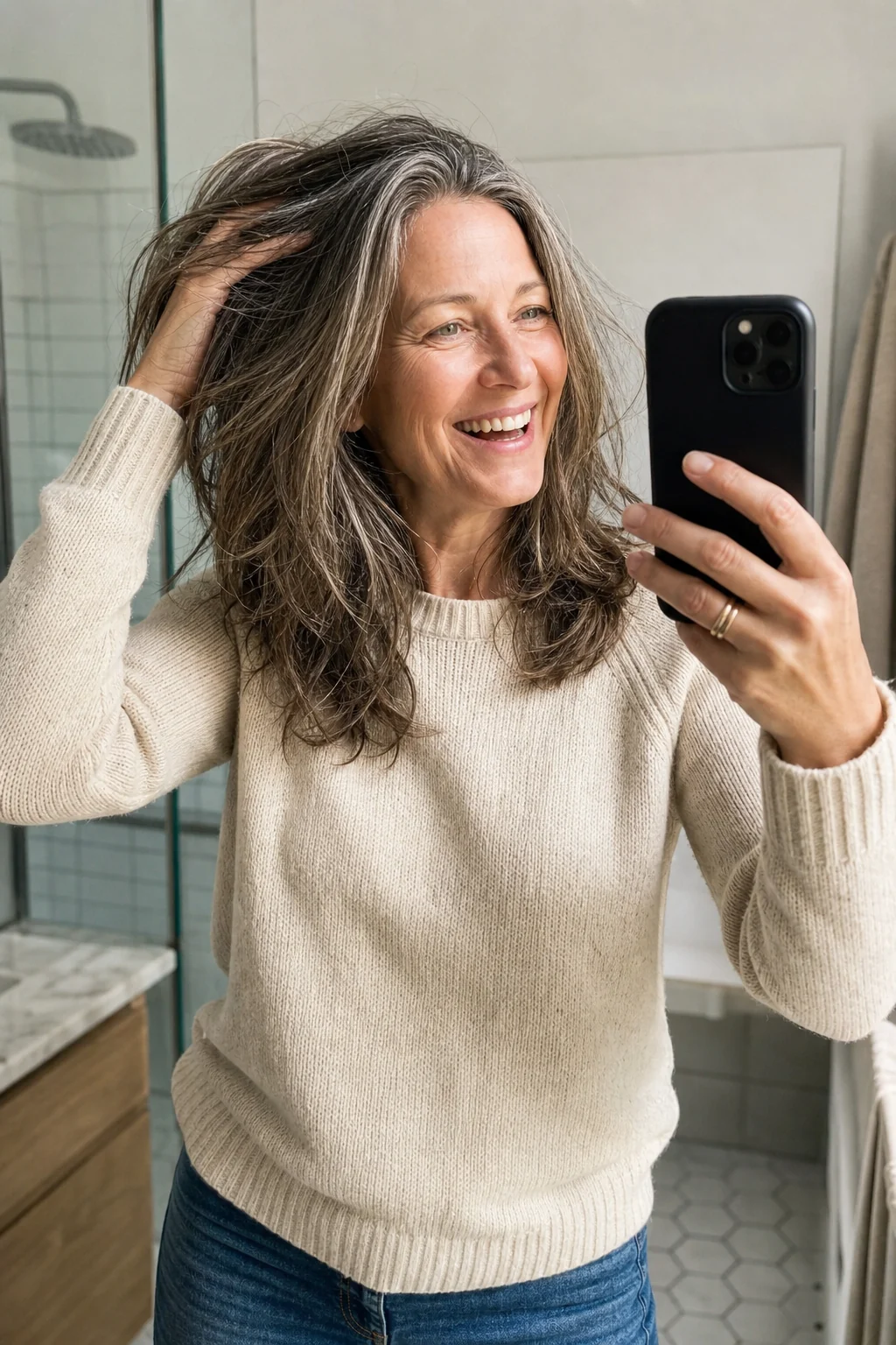 Karin macht ein fröhliches Selfie mit vollem Haar