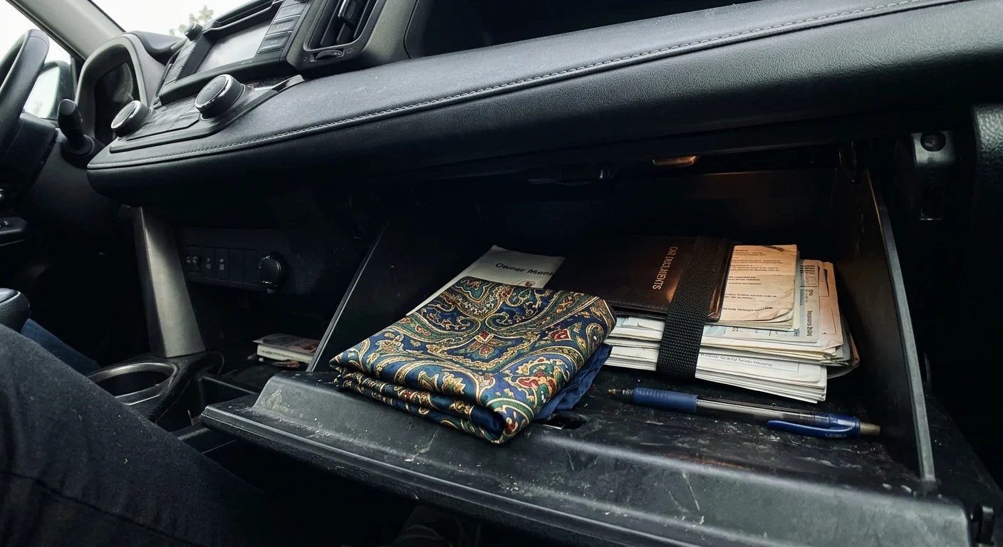 Ungenutztes, gefaltetes Kopftuch in einem Auto-Handschuhfach