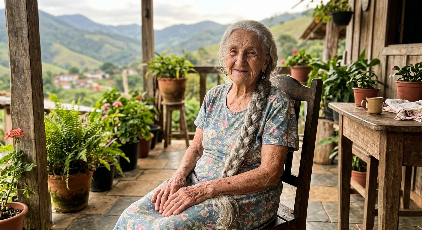 Dona Marlene, 84, mit ihrem langen silbergrauen Zopf auf der Veranda
