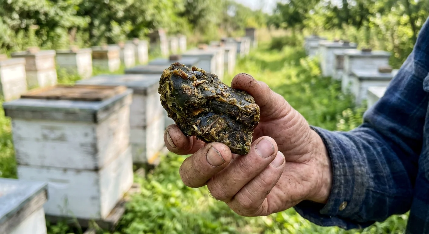 Ein Brocken grünes Propolis-Harz in der Hand, im Hintergrund Bienenkästen